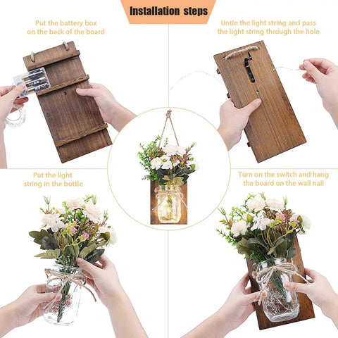Installation steps for Remote Control Mason Jar Sconces Set Of Two With LED Fairy Lights And White Rose Accents Rustic Farmhouse Wall Decor