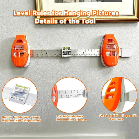 Professional 3 In 1 Picture Hanging Tool And Spirit Level features precision measuring ruler with magnetic nail starter on a wall.