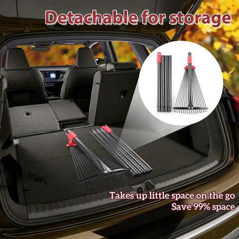 Adjustable Metal Leaf Rake With 18 Tines And 9 To 18 Inch Expandable Head 76 Inch Long Handle, compact and stored in car trunk