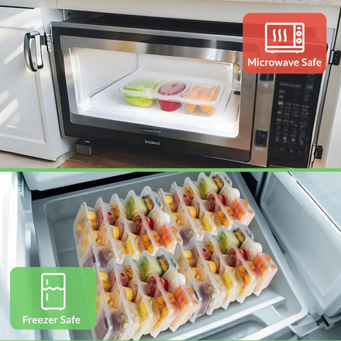 8 Oz Reusable Snack Containers With Lids Three Compartment Snack Pack Set BPA Free Food Grade PP5 Safe For Food Contact Durable Stackable Design Great For Lunches Dips Sauces Meal Prep On The Go Includes 20 Sets in microwave and freezer