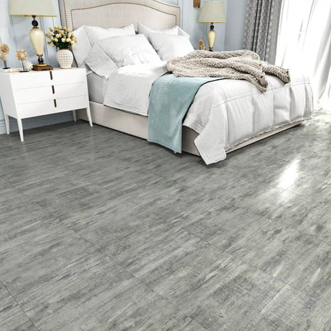 Grey Peel And Stick Floor Tiles 20 Pack, 12x12 Inch, Thick 1.5mm Wood Vinyl Flooring in bedroom setting