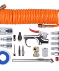 One Quarter Inch NPT Air Accessory Kit With Fifteen Foot PU Coil Hose Twenty Piece Tool Set Includes Blow Gun With Multiple Nozzles