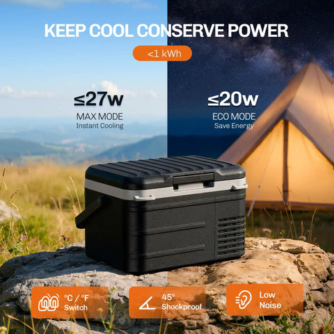 12V Portable Car Refrigerator 11 Quart Electric Cooler for Trucks and RVs on a rocky surface near a tent, highlighting Eco and Max modes