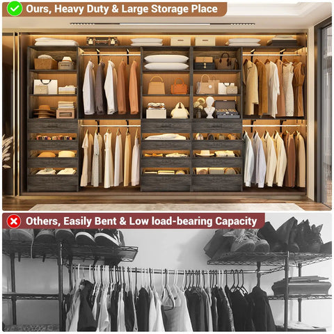Rock Solid Black Oak L Shaped Closet Organizer System With Twelve Super Spacious Drawers And Four Expandable Hanging Rods showcasing ample storage in a stylish layout.