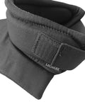 Close-up of black Throat Guard Gorget For HEMA Fencing, Lightweight Canvas Overlay, Velcro strap detail