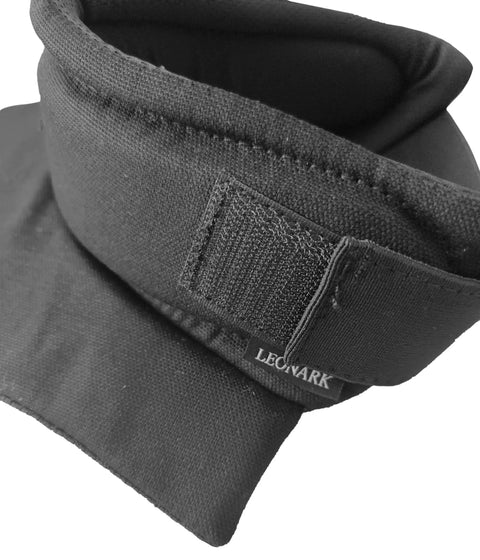 Close-up of black Throat Guard Gorget For HEMA Fencing, Lightweight Canvas Overlay, Velcro strap detail