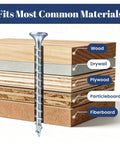 Zinc Plated Size 8 By 3/4 Inch Self Tapping Drywall Screws shown with wood and drywall layers, highlighting material compatibility.