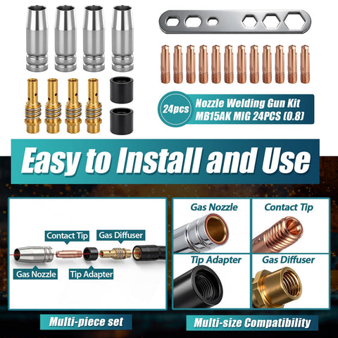 All-in-One MIG Welding Gun Maintenance Kit For MB15 And 15AK Torch with copper tips, gas nozzles, diffusers, and accessories