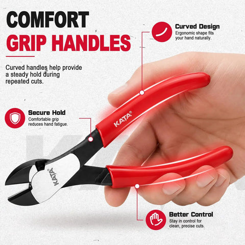 Heavy Duty 7 Inch High Leverage Diagonal Cutting Pliers With Angled Head For Precision Flush Cuts And Smooth Wire Snipping Action That Makes Short Work Of Electrical And Craft Projects Professional Grade Hardware No Sweat Guaranteed, showing ergonomic red grips.