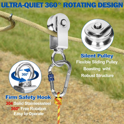 Stainless Steel Cable Pulley Wheel 4 Pack M34 Single Pulley Block Snatch Block Beefy Heavy Duty Lifting Crane Swivel Hook Bearing Inside Rope Pulleys For Lifting Systems Gym Equipment Clothesline 551 Lb Load, 304 stainless steel 360° rotating hook