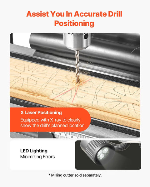 Smooth Running Benchtop Mill Drill Press With Kickass 2 HP Motor And 15.875 Inch Swing Range 150 To 2560 RPM Adjustable Speed showing X laser positioning on wood.