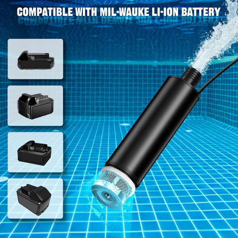 Cordless Water Pump Compatible With Milwaukee 18V M18 Battery 635 GPH, submerged in water, showcasing battery compatibility.