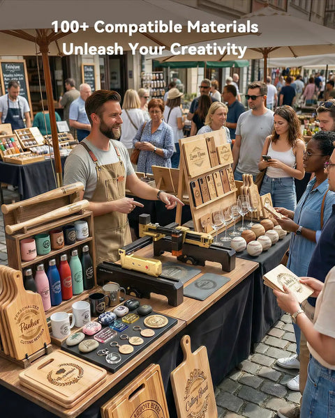 Market stall showcasing 3W Laser Engraver Portable Cutter for wood, leather, acrylic, and coated metal DIY crafting projects.