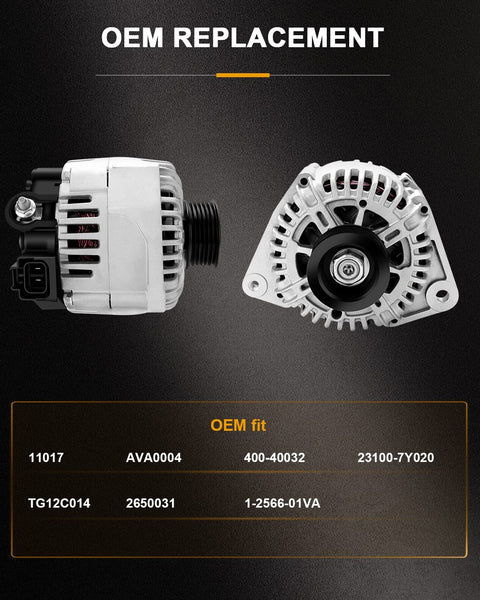 Replacement Alternator For Nissan Maxima 2004 Through 2008 OEM Grade OE Standard 11017 AVA0004 shown in side and front views.