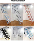 Heavy Duty Electric Pull Down Attic Ladder With Smooth Remote Control And Top Shelf Adjustable Handrails shown in different colors.