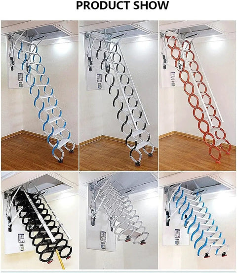 Heavy Duty Electric Pull Down Attic Ladder With Smooth Remote Control And Top Shelf Adjustable Handrails shown in different colors.