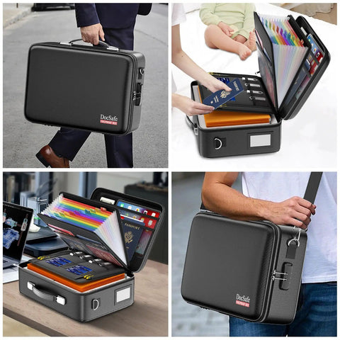 Fireproof Document Box With Lock And Hard Shell Organizer, Water Resistant Safe Box for Papers and Laptop, Black, in use