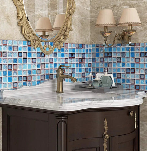 DIY Friendly Peel And Stick Blue Tile Vinyl Wallpaper For Bathroom And Kitchen Backsplash Waterproof And Removable Self Adhesive Wall Covering No Mess Install 15.8 By 394 Inches