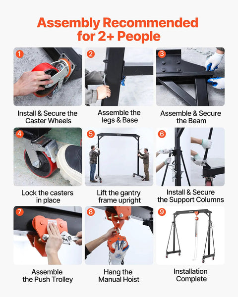 Guide showing assembly steps for Workhorse Grade Adjustable Gantry Crane 4400 Lbs Capacity Portable Shop Lift Hoist.