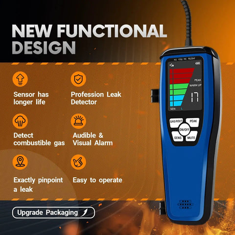 LD600 Portable Gas Leak Detector With 16 Inch Gooseneck featuring display, control buttons, and sensor specifications.