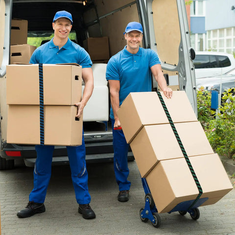 Two delivery men with 8 Pack 80 Inch Adjustable Flat Bungee Cords securing boxes to dolly and trolley by van