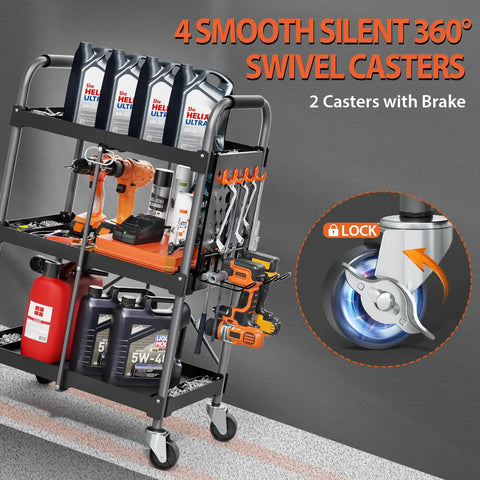 Foldable 3 Tier Rolling Tool Cart On Wheels With 330 Lb Capacity, Heavy Duty Tool Chest Organizer, Shelf And Cabinet For Garage, Shop, Warehouse, Portable Black with 4 swivel casters and lock brake