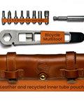 On The Go MTB Repair Multitool For Mountain Road And Dirt Bikes with hex bits, spanner, and brown leather pouch