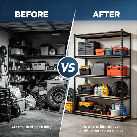 Beefy Five Tier Heavy Duty Garage Storage Shelves With Adjustable Metal Frame And Thick MDF Panels, before and after garage organization