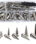 Kicking Dope Badass Silver Zinc Alloy Spikes And Mixed Shape Studded Screwback Rivets 70 Piece Set for leather crafts in storage box.