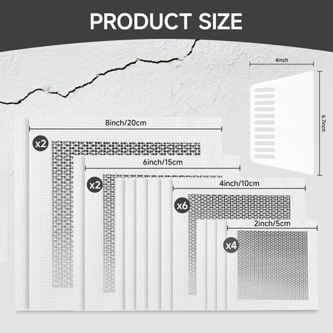 19 Piece Wall Repair Patch Kit With Aluminum Self Adhesive Patches For Small To Large Holes Includes 2 By 2 Inch 4 By 4 Inch 6 By 6 Inch And 8 By 8 Inch Metal Patches Scrapers Sandpaper And Gloves For No Sweat Drywall Fix showing patch sizes.