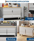 Big Ol 61 Inch Mobile Tool Chest With 15 Drawers And 18 Inch Deep Wood Top Lockable Rolling Metal Storage Cabinet in Garage, Workshop, and Kitchen Settings
