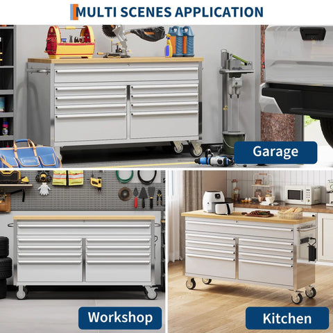 Big Ol 61 Inch Mobile Tool Chest With 15 Drawers And 18 Inch Deep Wood Top Lockable Rolling Metal Storage Cabinet in Garage, Workshop, and Kitchen Settings