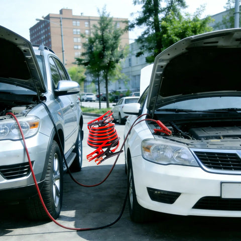 Two cars with hoods open connected by 11.8 foot jumper cables from All In One Car Emergency Kit With 124 Pieces Roadside Safety Tools