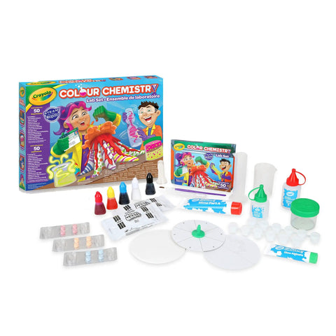 Color Chemistry Lab Kit For Kids Kid Friendly Safe Mess Free Experiments Build Color Mixing Skills Hands On STEM Activity Set For Young Scientists Fun Home Learning Project That Sparks Creativity And Curiosity, Crayola kit box and experiment supplies