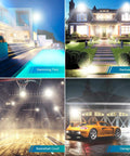 Outdoor scenes showcasing 2 Pack 80W LED Flood Lights illuminating pool, backyard, basketball court, and garage area.
