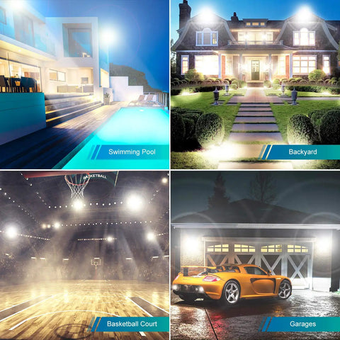 Outdoor scenes showcasing 2 Pack 80W LED Flood Lights illuminating pool, backyard, basketball court, and garage area.
