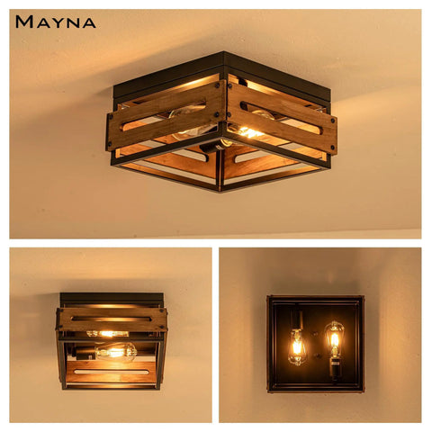 Farmhouse Two Light Ceiling Light Fixture Rustic Flush Mount With Wood And Metal for cozy vintage-style lighting in three views