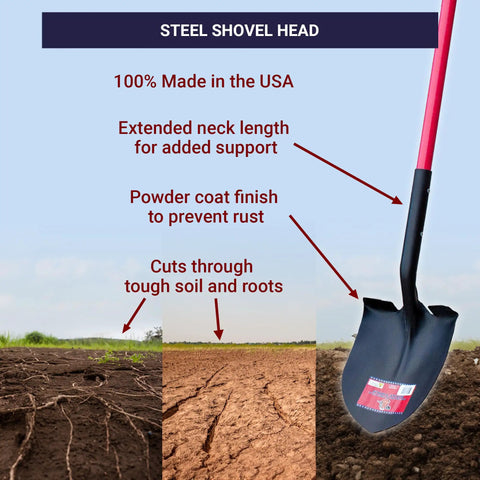 Heavy Duty Round Point Shovel With Fiberglass Long Handle And 14 Gauge Steel Head For Gardening Digging And Landscaping Square And Flat Head Design Durable Metal Construction Made In USA shown with durable steel head and red handle on soil background