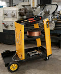 Heavy Duty Multi-Function Welder Trolley For Mig Tig Arc Plasma Cutter With Four Drawer Chest And Safety Chains Moves Effortlessly Across Workshop Floors No Sweat, featuring spool and tools.