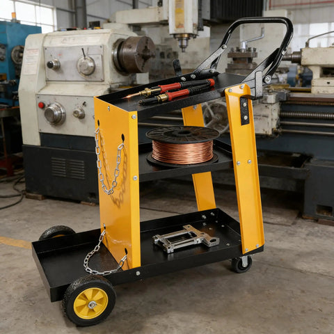 Heavy Duty Multi-Function Welder Trolley For Mig Tig Arc Plasma Cutter With Four Drawer Chest And Safety Chains Moves Effortlessly Across Workshop Floors No Sweat, featuring spool and tools.