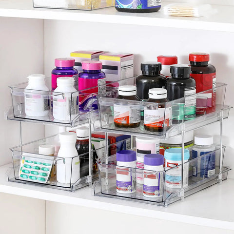 Two Tier Clear Organizer With Dividers For Kitchen Pantry Medicine Cabinet Bathroom Vanity And Under Sink Slide Out Storage