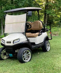 Club Car Tempo golf cart featuring Deluxe RGB LED Light Kit For Club Car Tempo Golf Carts With Daytime Running Light Easy Install Full Exterior Lighting Solution For Safer Style Forward Cruisin With RGB Lights on grass.