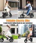 Foldable Electric Bike For Adults And Teens, Hits 23 MPH With Pedal Assist, 38 Mile Range, Powerful 500W Motor, 48V 12Ah Battery, 14 Inch Folding Ebike, 3 Speed Modes, City Commuter Ready shown with riders on a compact black frame