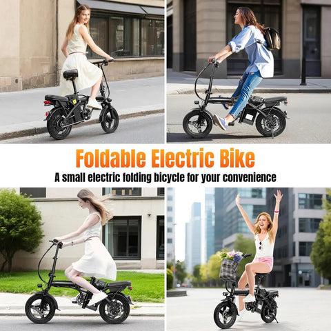 Foldable Electric Bike For Adults And Teens, Hits 23 MPH With Pedal Assist, 38 Mile Range, Powerful 500W Motor, 48V 12Ah Battery, 14 Inch Folding Ebike, 3 Speed Modes, City Commuter Ready shown with riders on a compact black frame