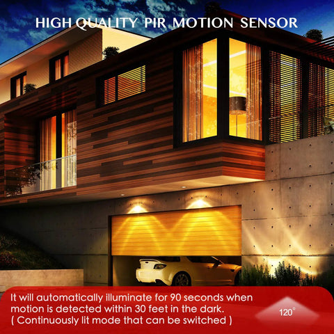 Modern house with illuminated garage using 2-Pack Motion Sensor Outdoor Flood Light Bulbs PAR38 LED, Dusk To Dawn, Waterproof.