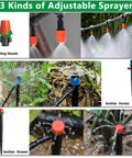Close-up of three sprayers in All In One 240 Ft Drip Irrigation System Kit with 1/2 inch main hose for greenhouse lawn irrigation.