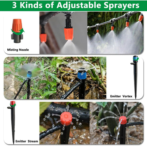 Close-up of three sprayers in All In One 240 Ft Drip Irrigation System Kit with 1/2 inch main hose for greenhouse lawn irrigation.