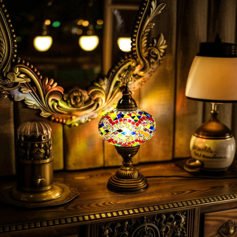 Moroccan Turkish Mosaic Glass Lamp For Bedside And Desk, Handmade Vintage Style Light With Colorful Glass Beads, E12 Socket
