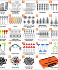 All In One 449 Piece Fishing Tackle Kit In Tackle Box With Hooks Weights Jig Heads Sinkers Ned Heads For Bass And Trout Gear Great Gift For Men And Outdoor Enthusiasts displayed with various accessories and large tackle box.