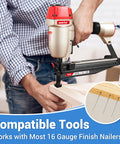 Person using pneumatic finish nailer with Five Sizes 16 Gauge Galvanized Finish Nails 2500 Pcs Assorted Set for woodworking